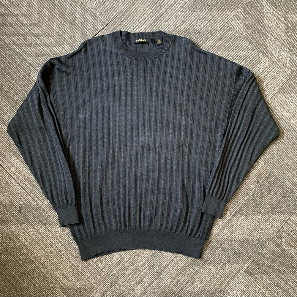 Bachrach Men's Dark Gray Striped Ribbed Crewneck Sweater